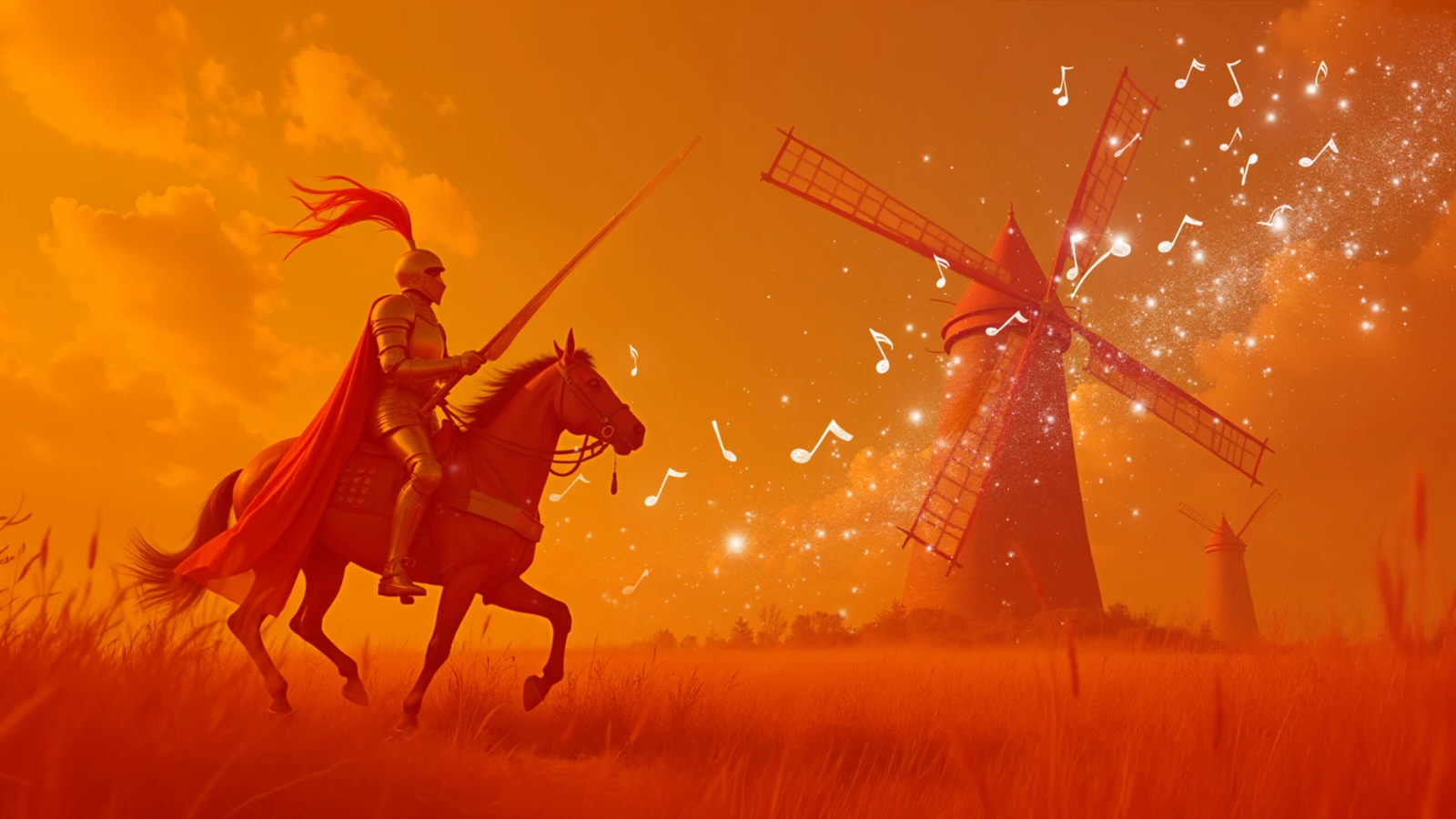 A knight in armor on horseback charges a glowing, sparkling windmill across an orange field, with musical notes streaming through the air, in a Don Quixote-inspired illustration.