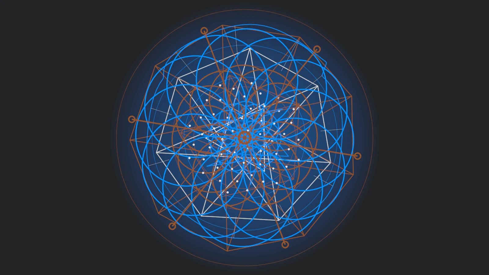 Sound Station’s geometric visualizer, with interlocking blue circles and rust-colored polygons drawn around a glowing center.