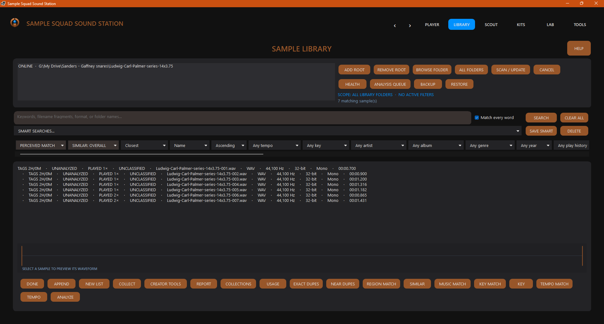 The Library workspace: library folders, keyword search, smart searches, filters, and analysis tools for a searchable sample collection.