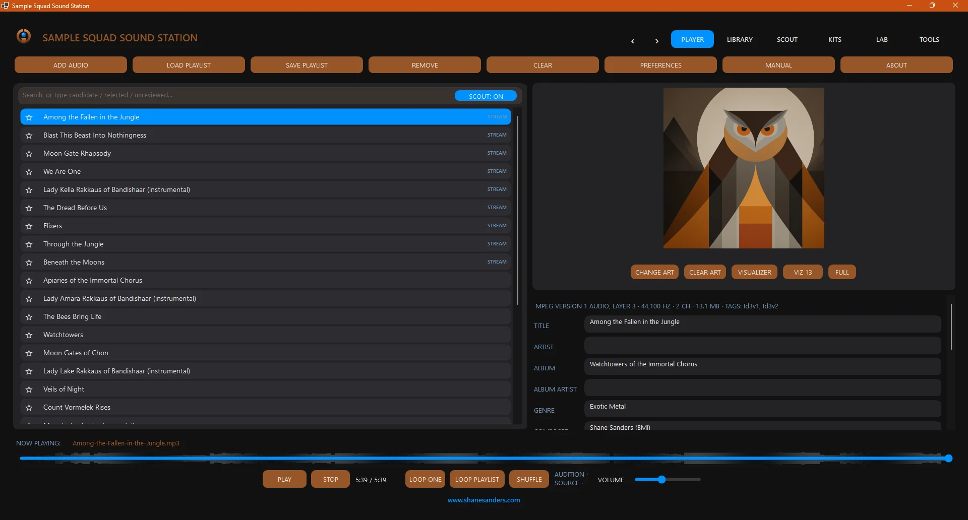 The Player workspace: a playlist beside cover art, tag editing, a waveform seek bar, and transport controls.