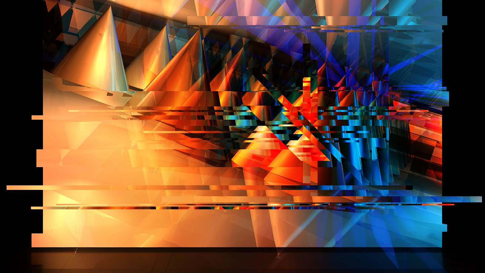 An abstract glitch-art composition of glowing orange and blue triangular prisms and fragmented horizontal bands, converging toward a bright center.
