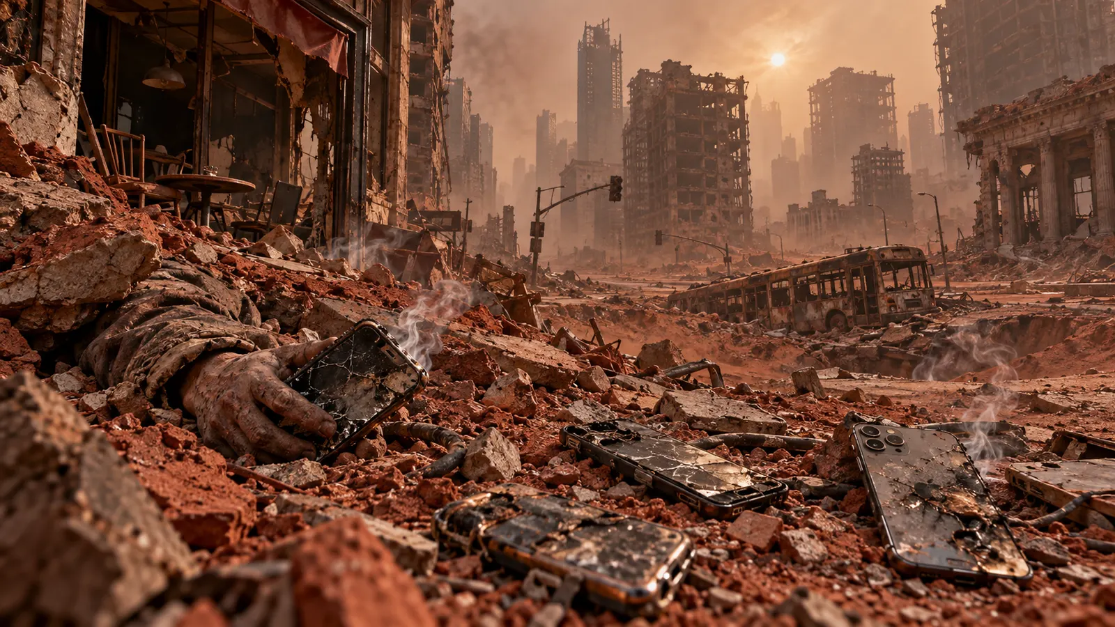 A devastated city under a smoke-choked red sky, with a burned-out bus and ruined towers in the distance, and several cracked, smoking smartphones scattered in the foreground rubble, one still held in a hand.