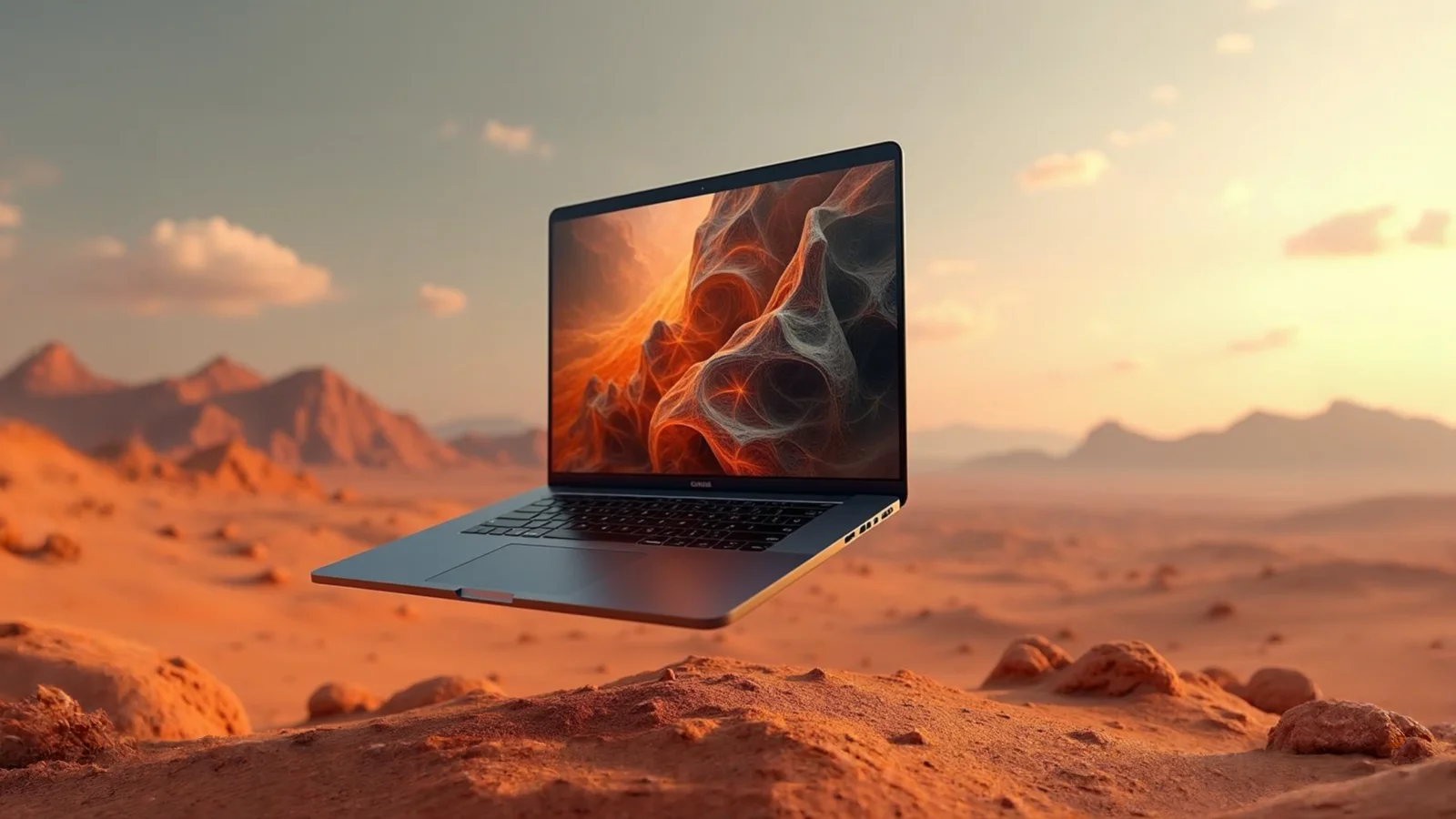 A laptop floats above a Mars-like red desert landscape at sunset, its screen showing a swirling orange-and-gray fractal pattern.
