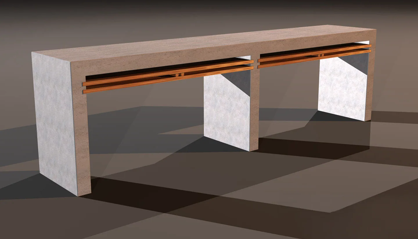 A long concrete bench on three slab legs with Baltic birch rails beneath the seat