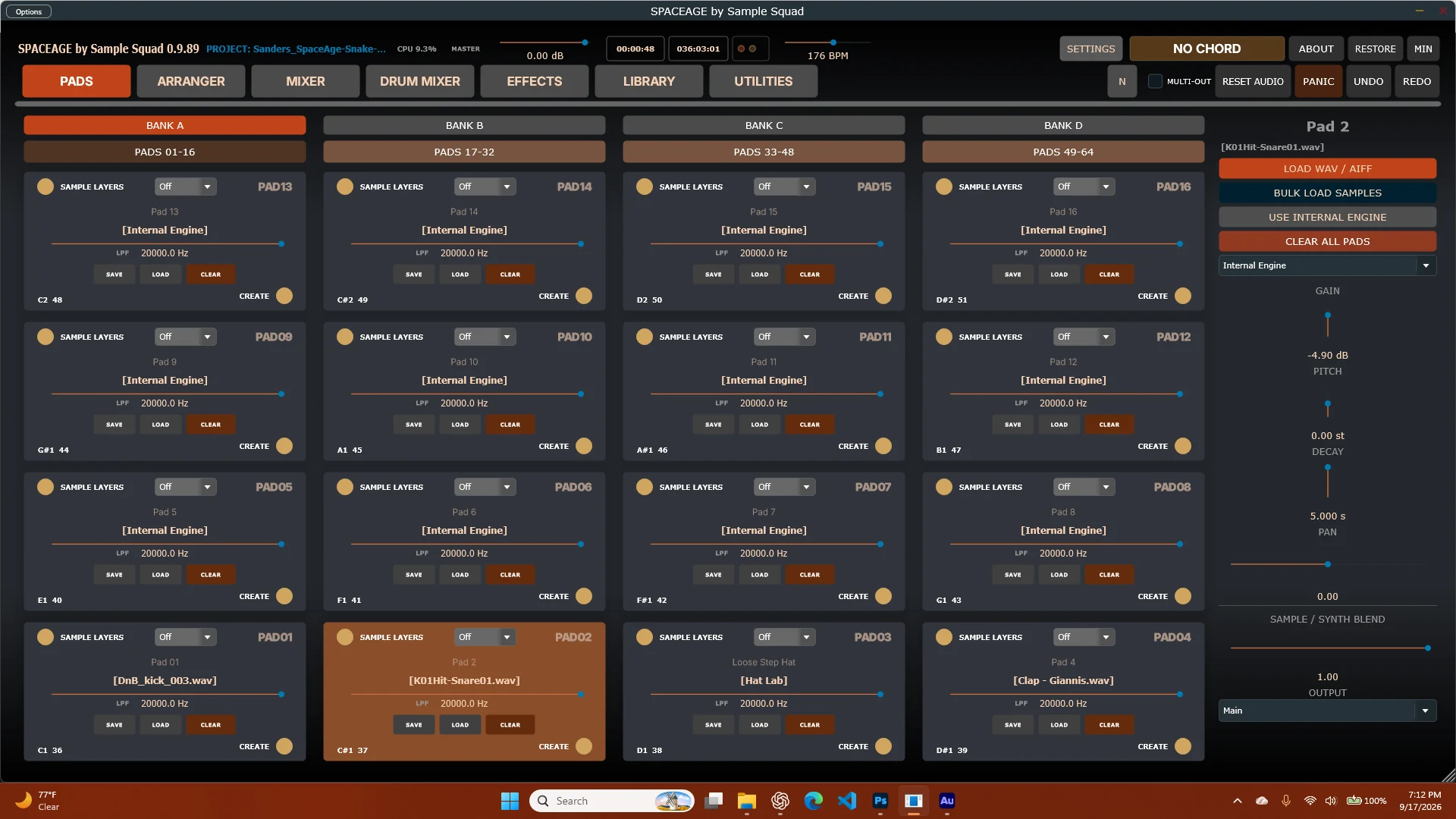 The Pads page, showing sixteen of the sixty-four pads in Bank A, with a settings panel for the selected pad