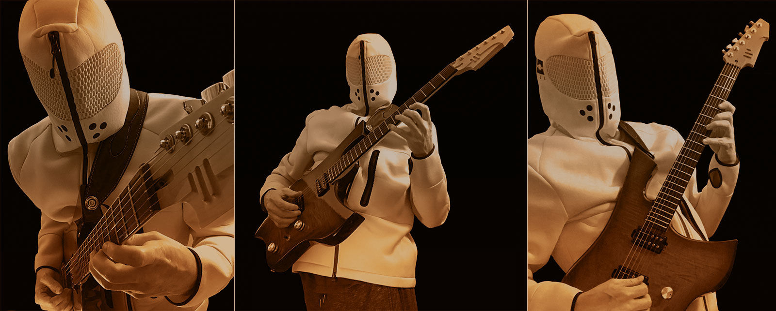 Illustrations of three playing positions supported by the Valkyrie guitar